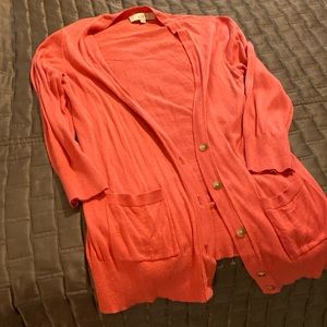 Loft 3/4 sleeve coral cardigan with brown buttons size medium